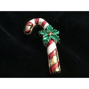 Vintage AAi Gold-Tone Enamel Christmas Candy Cane with Holly leaves  Signed